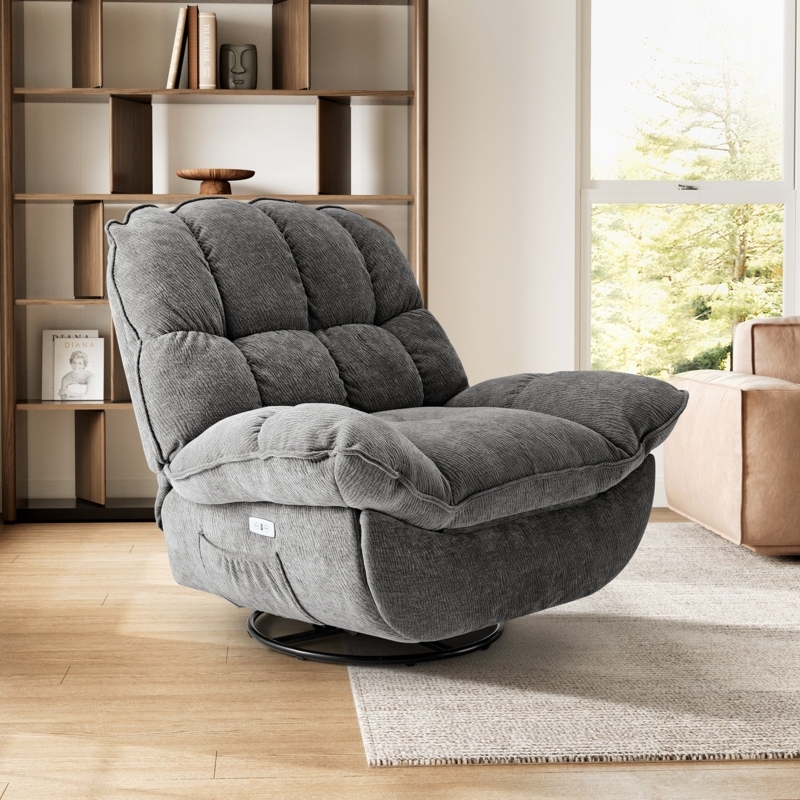 Grey Corduroy Power Recliner Chair with Swivel Base and Side Pocket