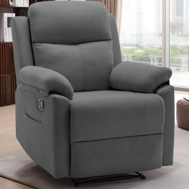Grey Corduroy Recliner Chair with Side Pocket for Small Spaces