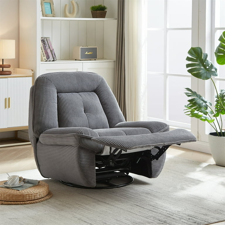 Grey Corduroy Recliner Chair with Wide Swivel Seat