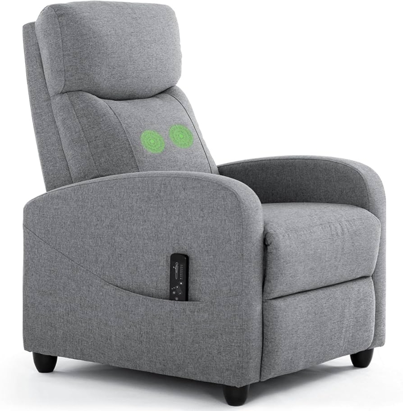 Grey Fabric Recliner with Massage Function & Remote
