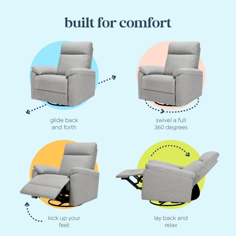 Grey Glider Recliner with 360-Degree Swivel and Integrated Footrest