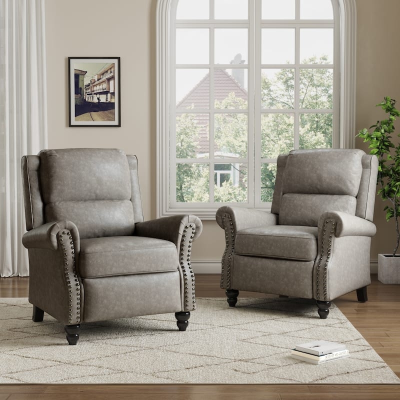 Grey Leather-Like Manual Pushback Recliner Chair with Silver Nailhead Trim