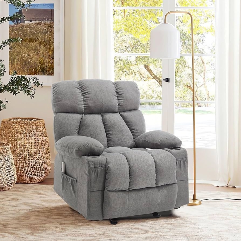 Grey Linen-Like Overstuffed Rocker Recliner with Cup Holders