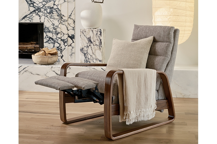 Grey Linen-Like Recliner with Exposed Bentwood Arms Mid Century Style