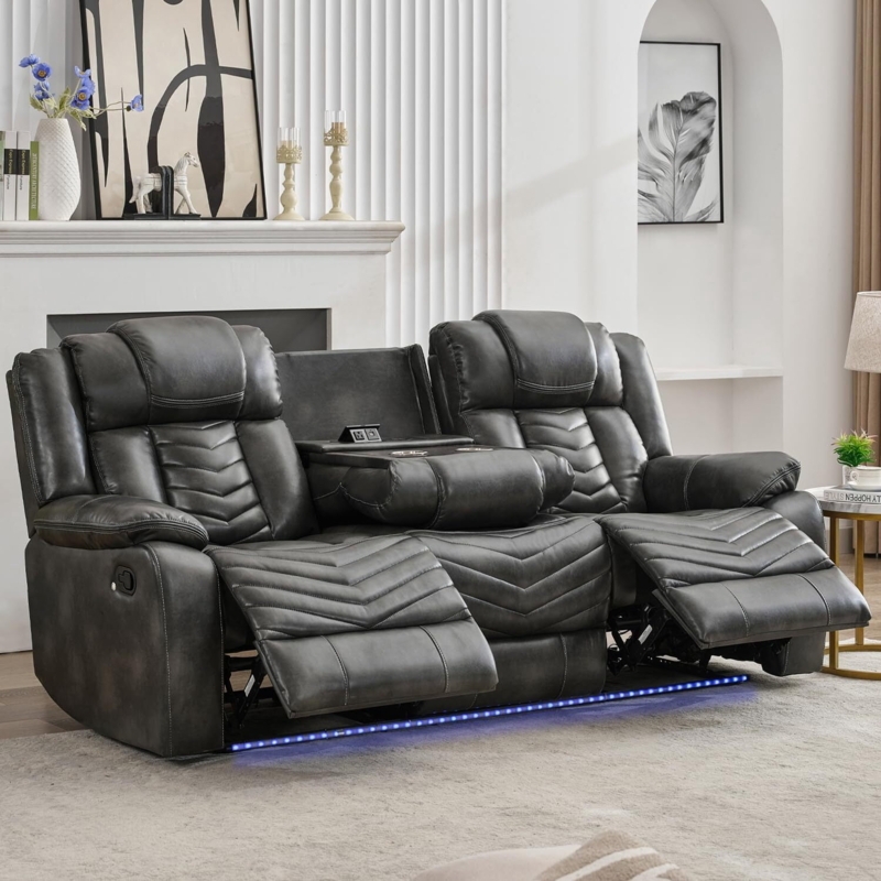 Grey Manual Reclining Sofa with Blue LED Strip and Drop-Down Console