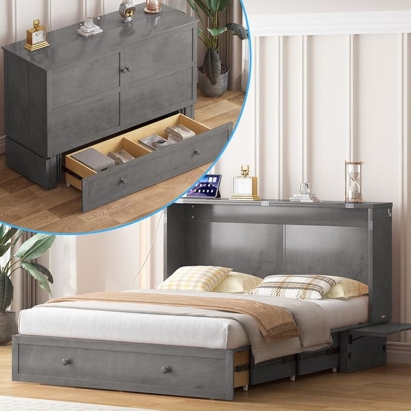 Grey Murphy Cabinet Bed with Integrated Storage Drawer and Side Shelf