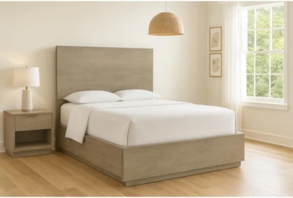 Grey Panel Platform Bed featuring Tall Wood Grain Headboard