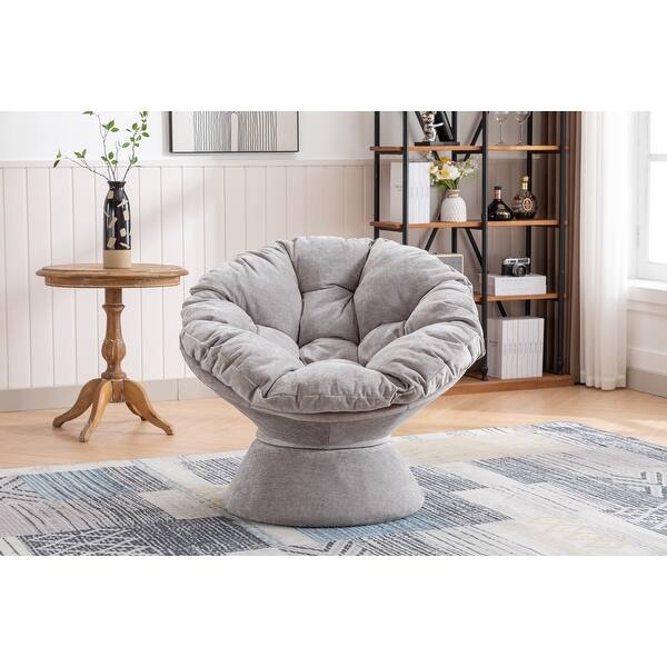 Grey Papasan Style Swivel Accent Chair with Upholstered Pedestal Base