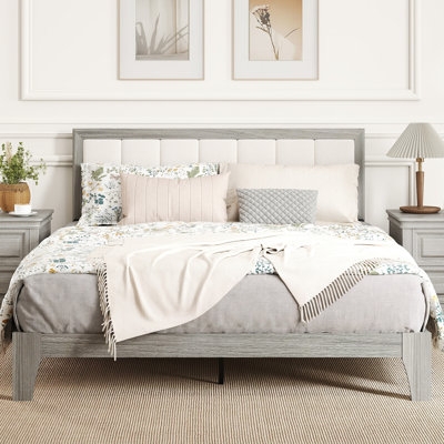 Grey Platform Bed Frame With Vertical Channeled Upholstered Headboard