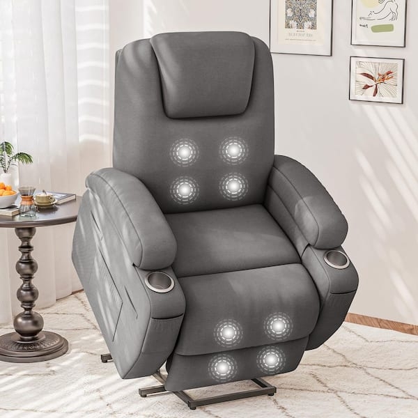 Grey Power Lift Recliner with Massage Function and Integrated Cup Holders