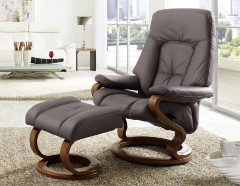 Grey Recliner And Ottoman Set Curved Wood Base Tufted Leather Look