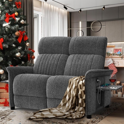 Grey Reclining Loveseat with Center Console and Folding Side Tables