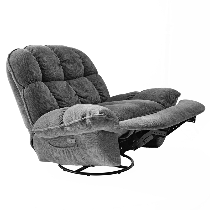 Grey Ribbed Fabric Power Swivel Recliner with Storage Pocket