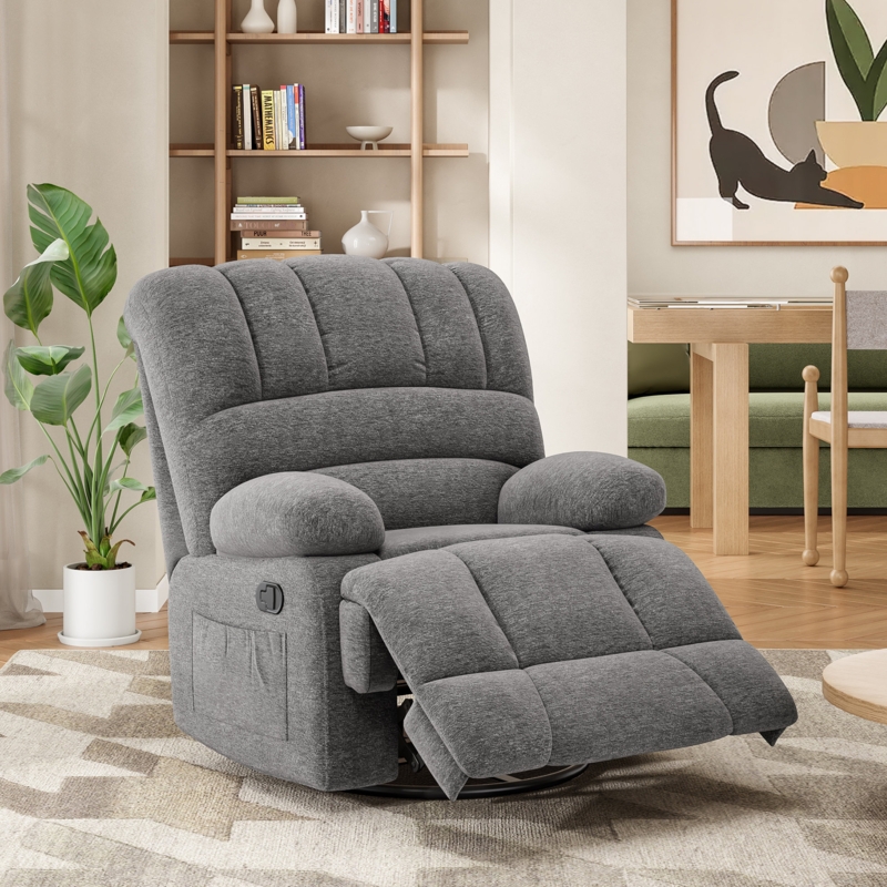 Grey Rocker Recliner with Segmented Back and Side Pocket