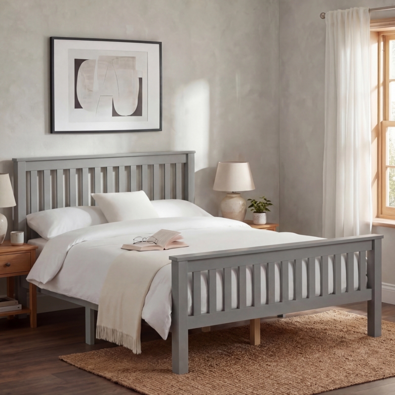 Grey Shaker Style Bed Frame with Slatted Headboard and Footboard.