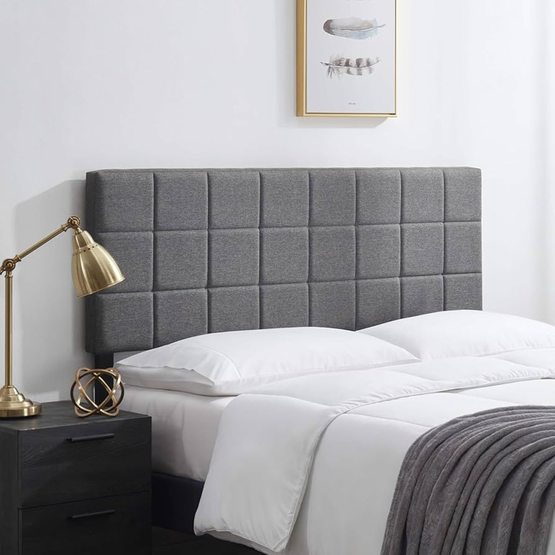 Grey Square Tufted Headboard in Modern Linen-Like Fabric