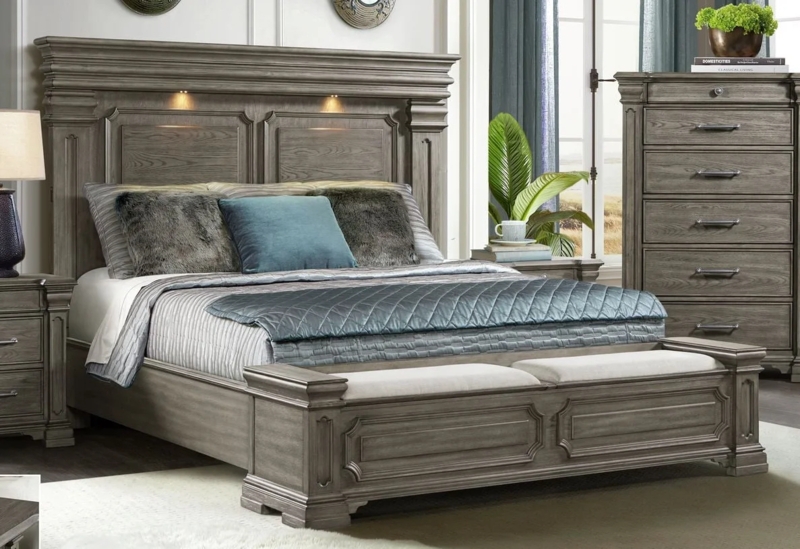 Grey Storage Bed with Integrated Headboard Lighting and Footboard Bench