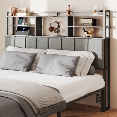 Grey Storage Headboard with Built-in Shelves and Charging Ports