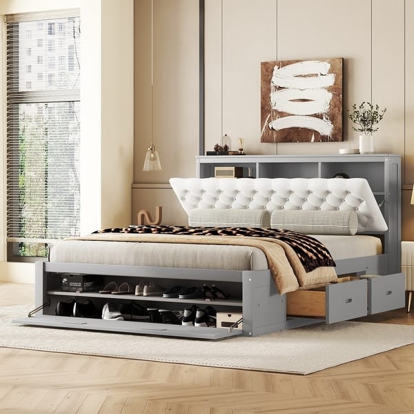 Grey Storage Platform Bed with Shoe Rack and Tufted Headboard