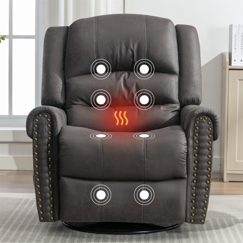 Grey Swivel Rocker Recliner with Brass Nailhead Trim & Massage Heat