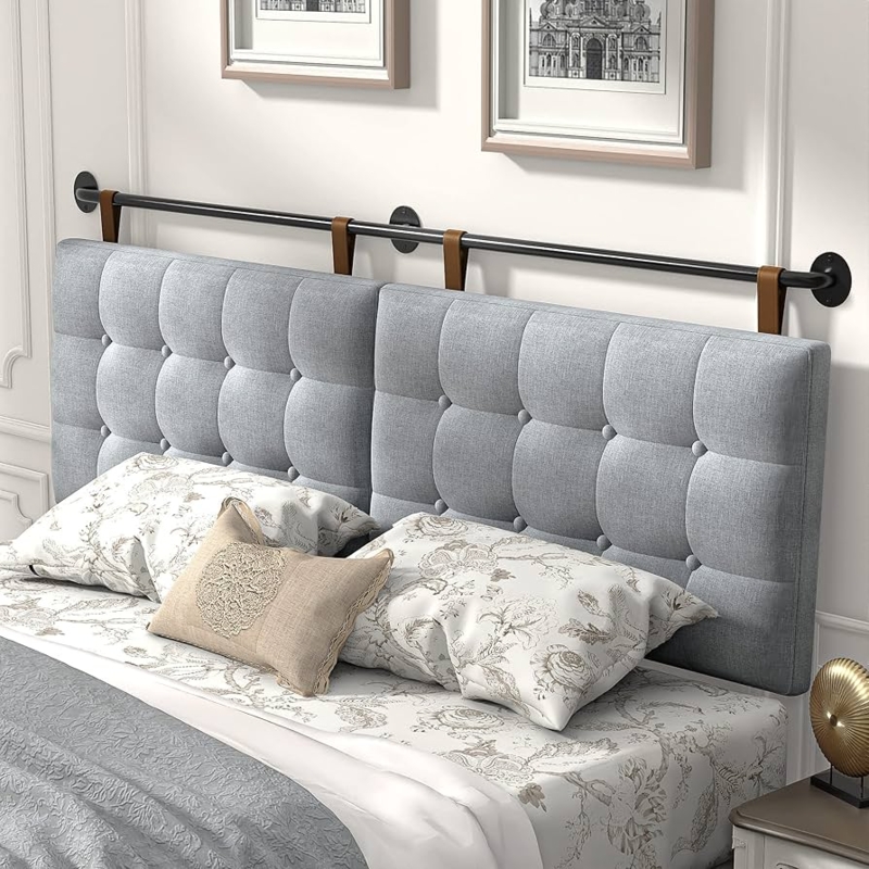 Grey Tufted Headboard with Leather-Like Straps and Rail