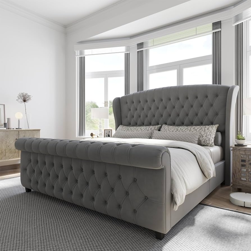 Grey Tufted Sleigh Bed with Wingback Headboard and Platform Base