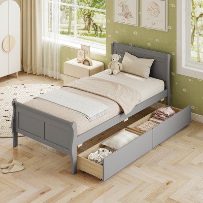 Grey Twin Bed with Storage Drawers Arched Headboard Transitional