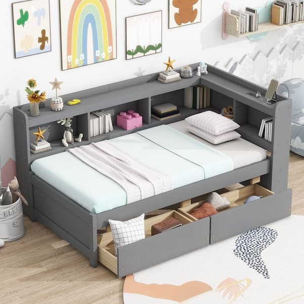 Grey Twin Bookcase Bed with L-Shaped Shelving and Power Outlets