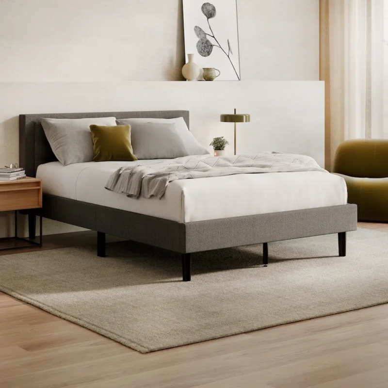 Grey Upholstered Bed Frame Platform Base Tapered Legs Linen