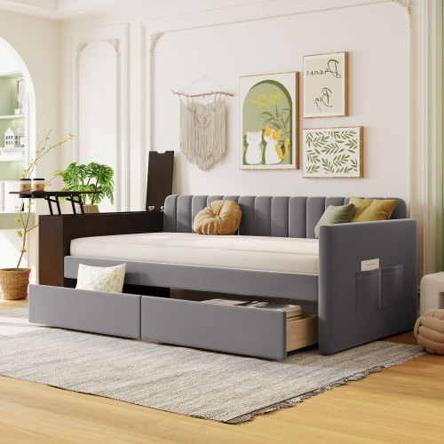 Grey Upholstered Daybed, Channel Tufted Back, Cup Holder, Drawers