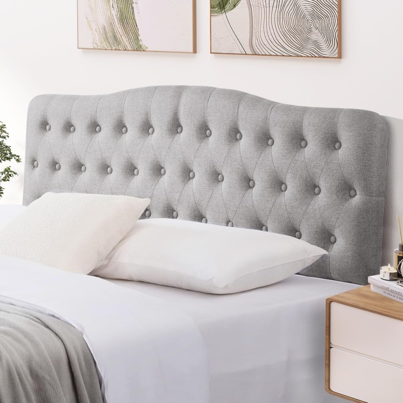 Grey Upholstered Headboard Diamond Button Tufting Curved Silhouette