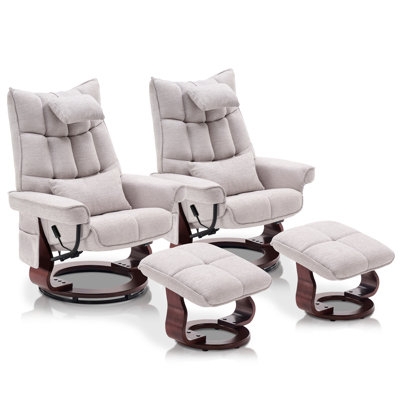 Grey Upholstered Swivel Recliner Set with Neck & Lumbar Pillows