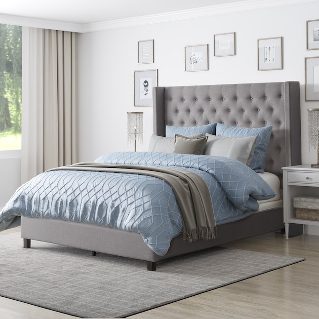 Grey Upholstered Wingback Bed, Diamond Tufted Headboard, Transitional