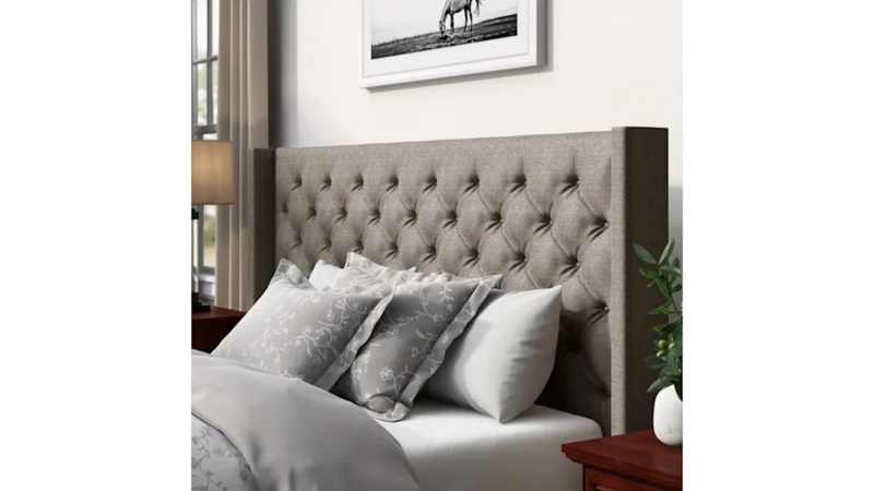 Grey Upholstered Wingback Headboard with Diamond Tufting
