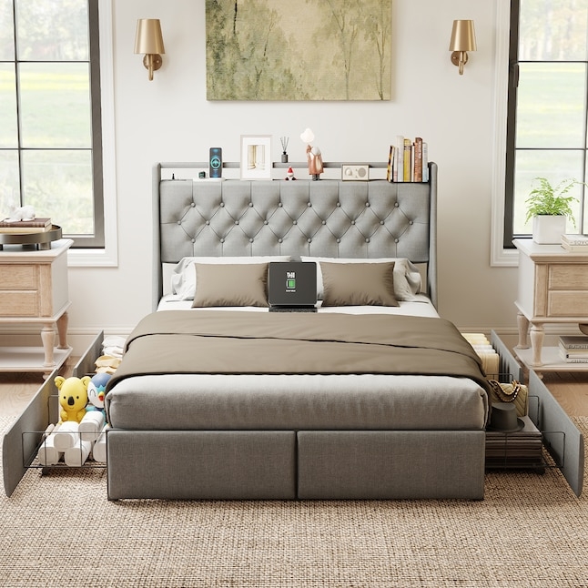 Grey Upholstered Wingback Storage Bed with Tufted Headboard Shelf
