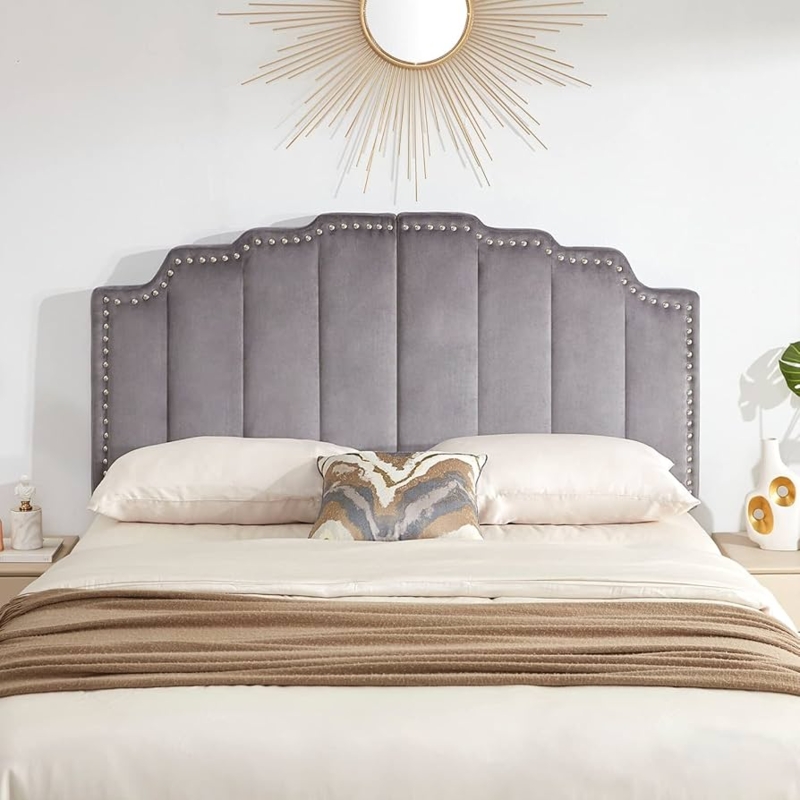 Grey Velvet Headboard with Scalloped Arched Silhouette and Nailheads