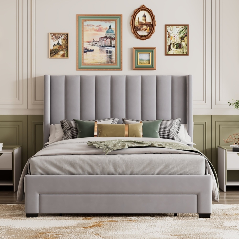 Grey Velvet Platform Bed High Channeled Headboard Vertical Tufted Transitional