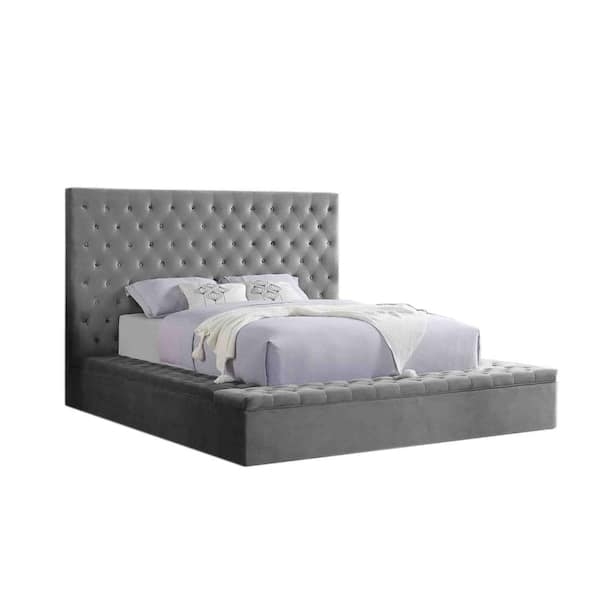 Grey Velvet Tufted Bed Diamond Tufted Base Tall Headboard Contemporary