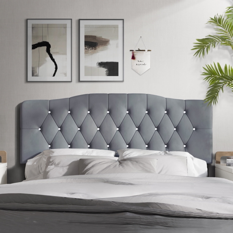 Grey Velvet Upholstered Headboard with Arched Top and Diamond Tufting