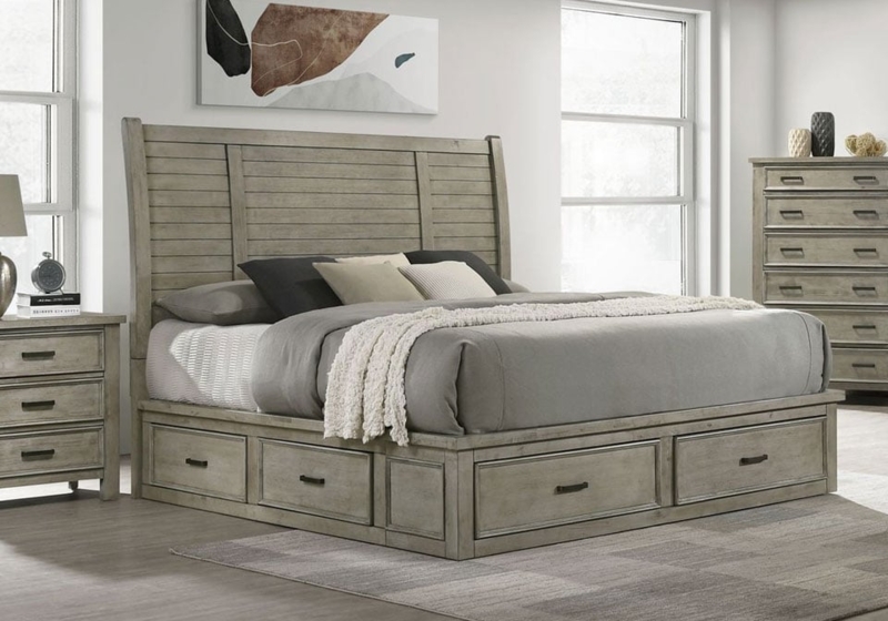 Grey Washed Storage Bed Slatted Headboard Farmhouse Style King