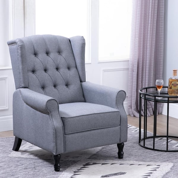 Grey Wingback Recliner Chair with Turned Black Legs and Silver Trim