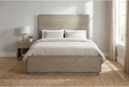 Grey Wood Platform Bed with Minimalist Panel Headboard Design