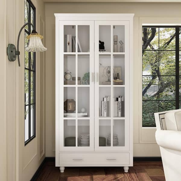 Grid Pane Display Case Bookcase with Bottom Drawer and Bun Feet