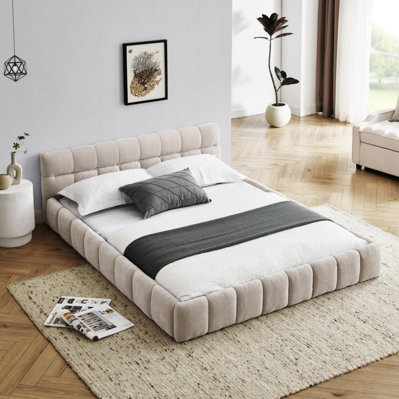 Grounded Platform Bed with Cloud Headboard and Channeled Upholstery