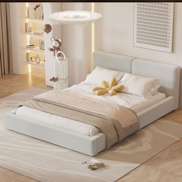 Grounded Platform Bed with Double Panel Headboard in Low Profile Fabric