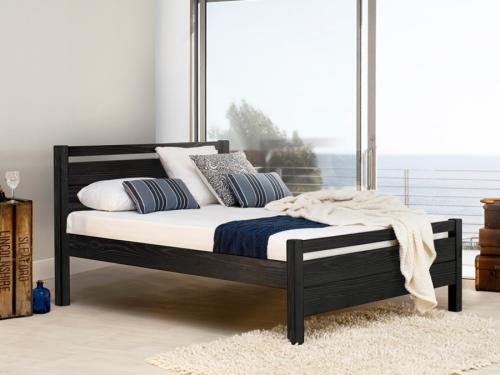 Handcrafted Wood Bed with Black Wash Finish and Slatted Headboard.