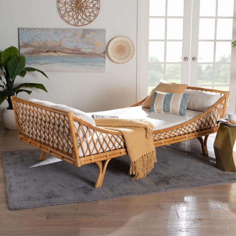 Handwoven Rattan Daybed Curved Lattice Frame Boho Style Lounger