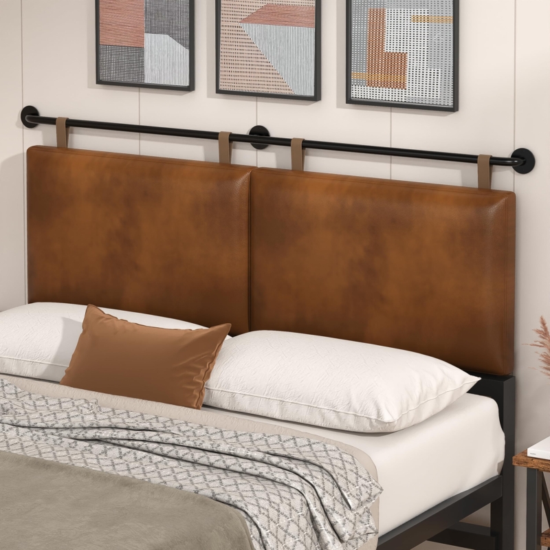 Hanging Headboard with Industrial Pipe Brown Faux Leather Cushions