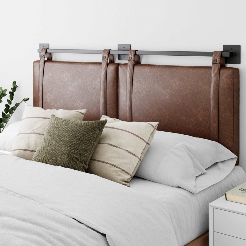 Hanging Leather-Like Headboard in Vintage Brown Finish