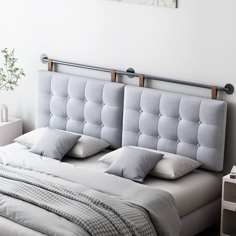 Hanging Tufted Headboard with Industrial Rail and Leather-Like Straps